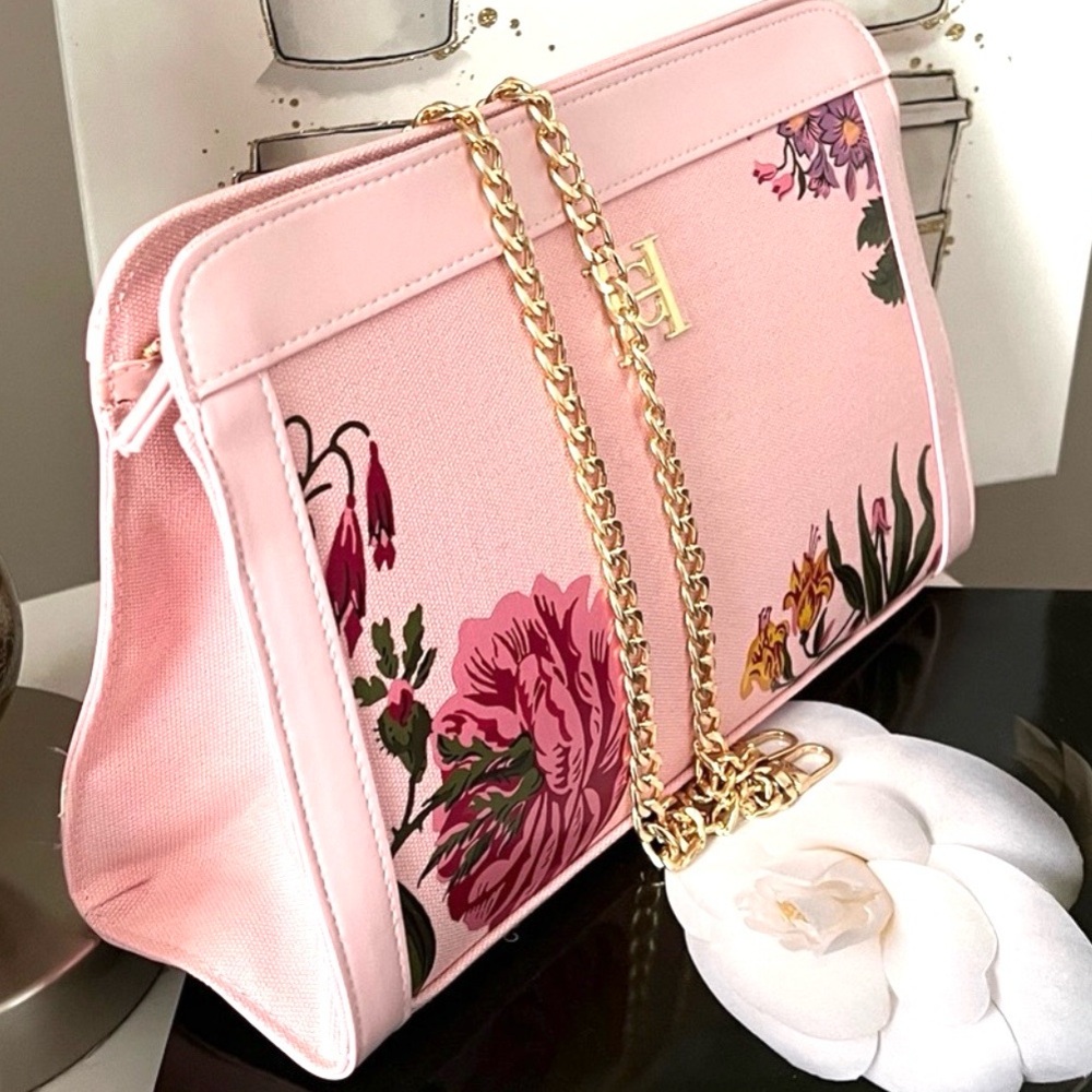 New Carolina Herrera Pink Floral Designer Clutch with Gold Chain Strap